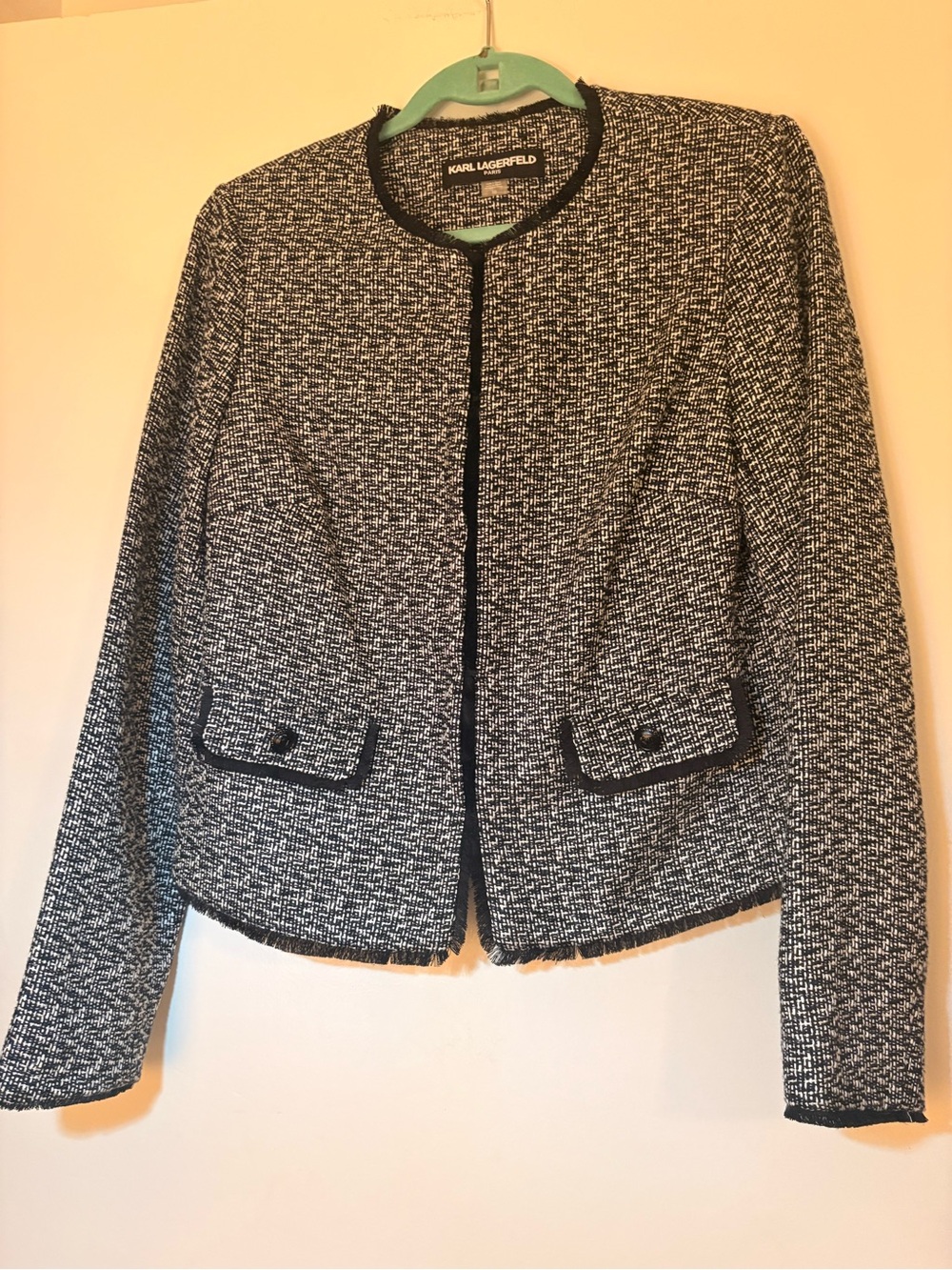 Karl Lagerfeld Black & White Tweed Collarless Jacket
